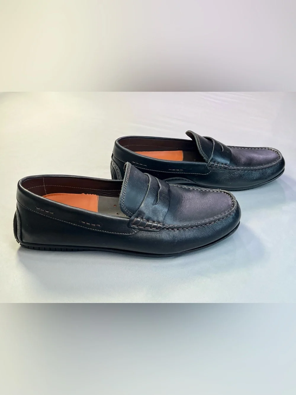 Martin Dingman Black Bermuda Saddle Leather Penny Loafers Shoes Orange Insoles